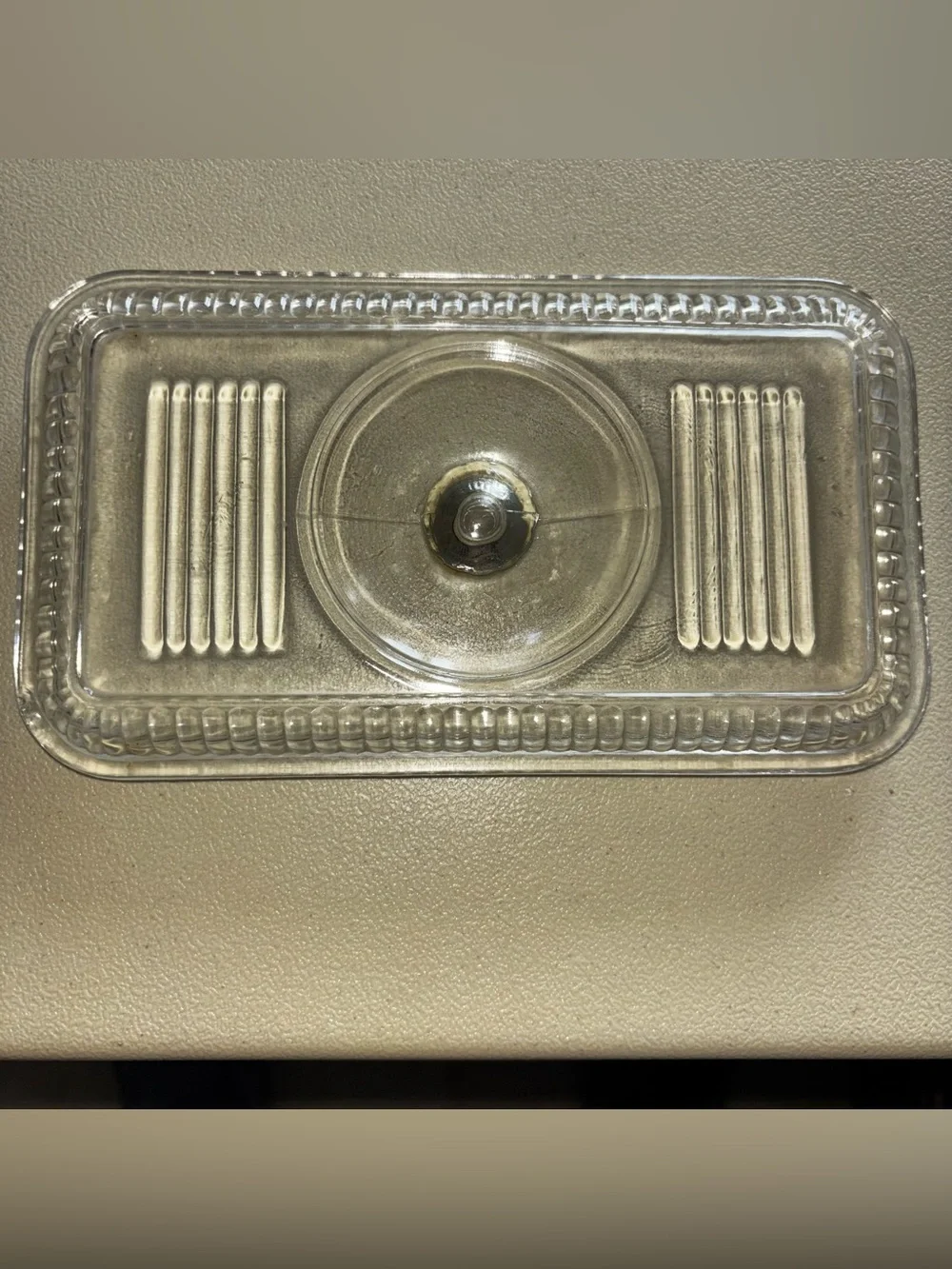 Two Vintage Federal Glass Clear Refrigerator Dish Lids no base 1 Ribbed 1 Fruit